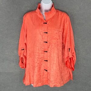 Ali Miles Mandarin Collar‎ Button Down 3/4 Sleeve Crinkle Blouse Coral XL Artsy